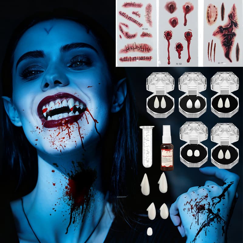 Stress Relief Toys Halloween Prank Toys Funny Fake Dentures Zombie Teeth Set Tattoo Stickers Fake Blood Teeth