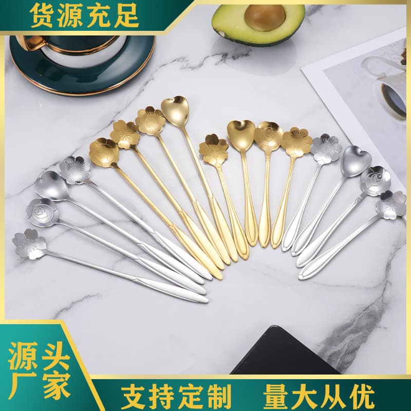 Stainless steel cherry blossom spoon, wedding rose spoon, long-handled heart-shaped spoon, coffee stirring spoon, gift spoon, bird's nest and honey spoon