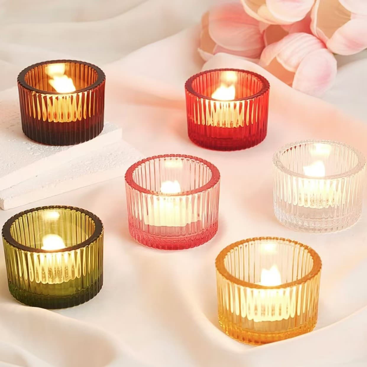 Amazon Bestseller 5535 Vertical Ribbed Tealight Candle Holder Colorful Fine Stripe Light and Shadow Cup Aromatherapy Candle Glass Empty Cup In Stock