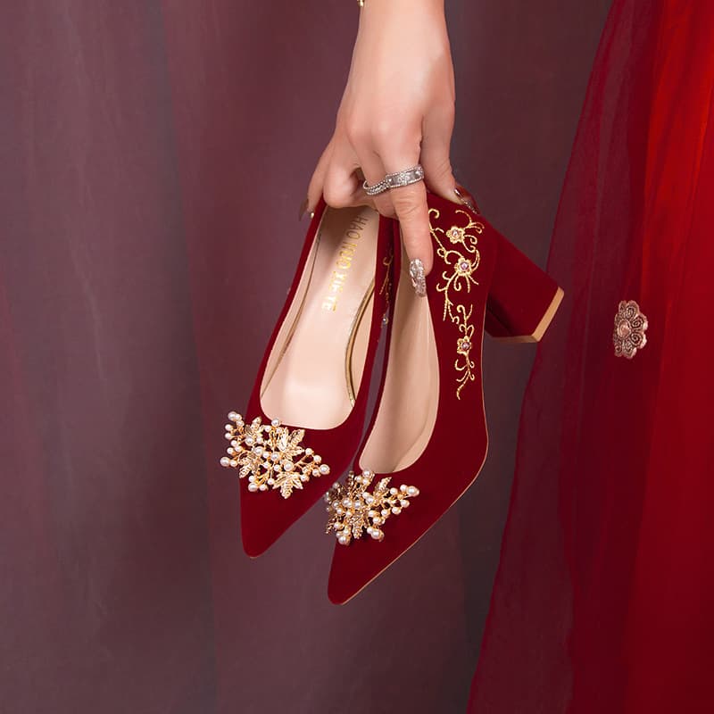 Wedding Shoes Women 2024 New Style Bride Shoes Wine Red Show He and Wedding Dress Two-Wear High Heels French Style Wedding Toast Red Shoes