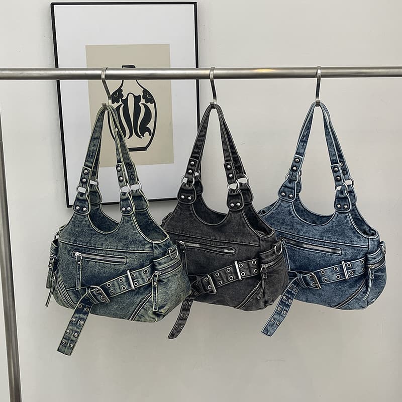 Retro Washed Denim Women's Bag New Hot Girl Motorcycle Style Crossbody Bag Versatile Casual Large Capacity Shoulder Underarm Bag