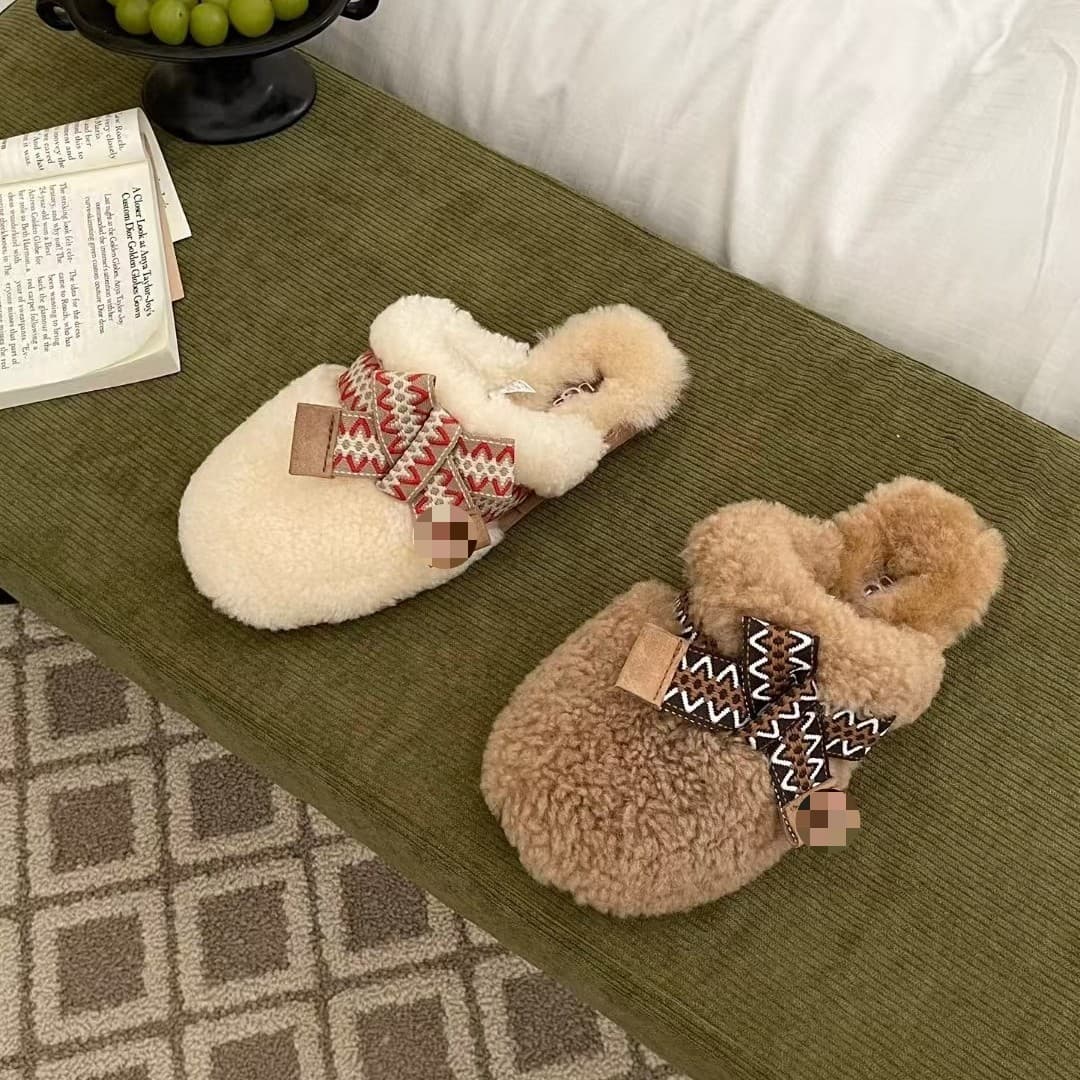 Henan Sangpo Max Curly Fleece Slippers, Lamb Wool High Home Women's Slippers, Relaxed Fit, Fur and Leather Integrated, Closed Toe