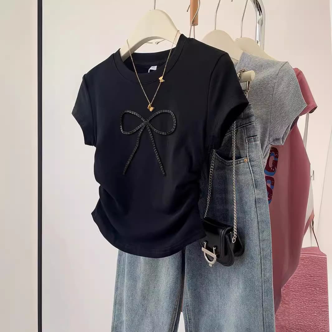 High Quality Black Short Bow Short Sleeve T-Shirt Women's Summer New Slim Fit Bodycon Top