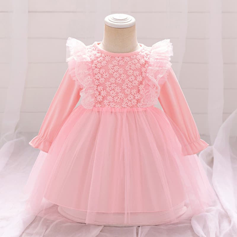 Princess Style Long Sleeve Mesh Insert Puffy Skirt Baby Girl's Dress Pink Moon Celebration Ceremony Children's Wedding Dress