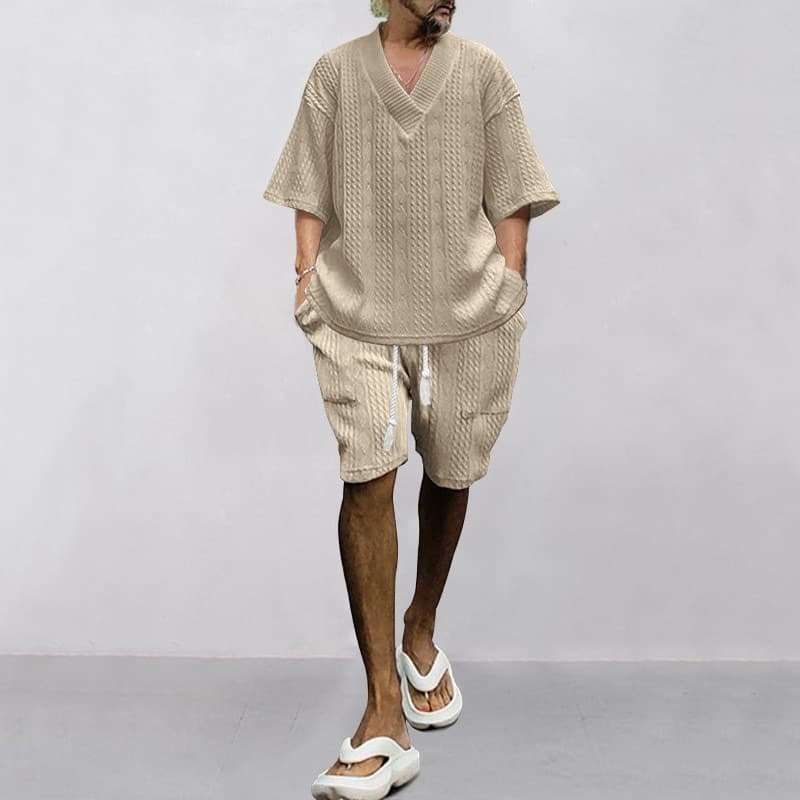 Casual Embroidered Set Summer Loose Short Sleeve V-Neck Sports Suit Two-Piece Men's Clothing T-Shirt Shorts Combo
