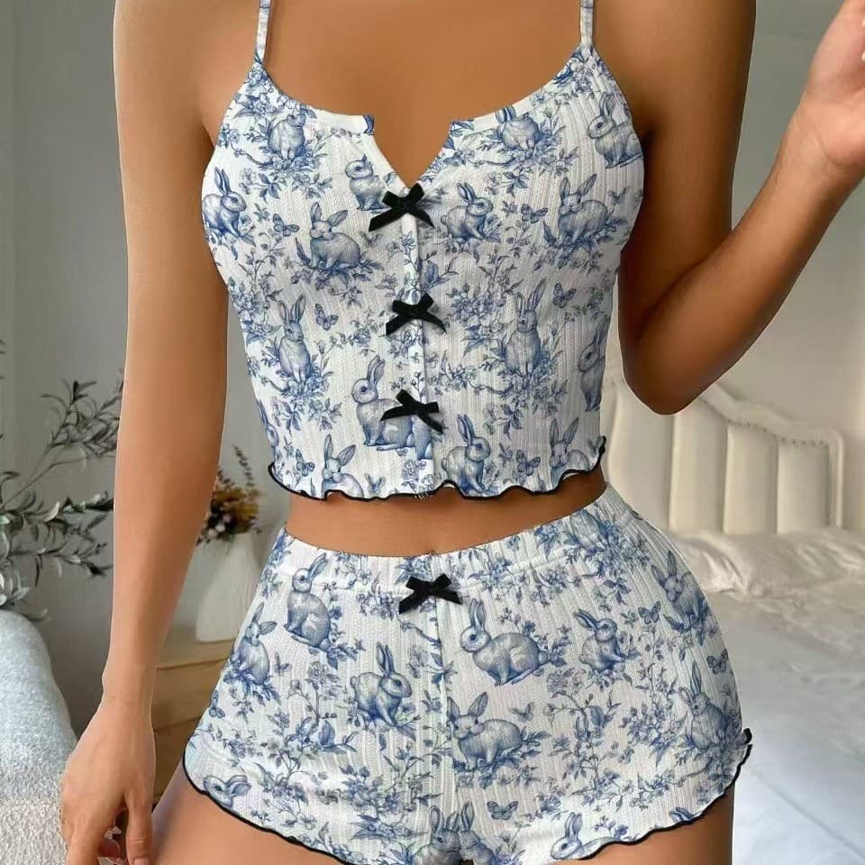 Sexy Bow Multi-Color Print Milk Silk Loungewear Set Women's Pajamas Nantong Set for Amazon Europe