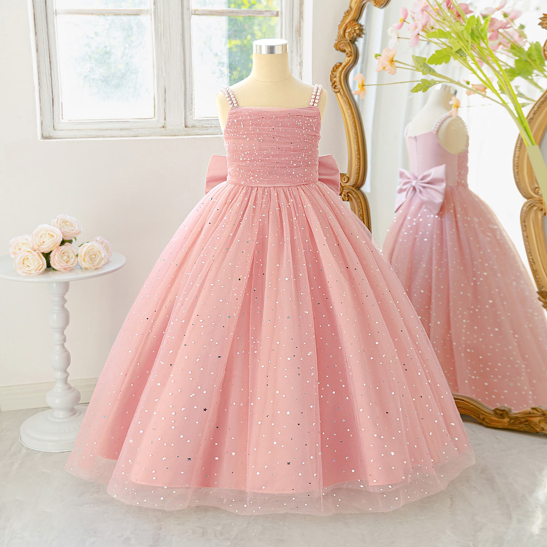 Cross-border new children's dress skirt beaded suspender mesh skirt sequined long skirt dinner wedding stage host skirt