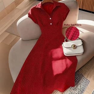 2026 Plus Size Vintage Red Polka Dot Turn-Down Collar Waist Long Dress for EU/US Cross-Border Stock