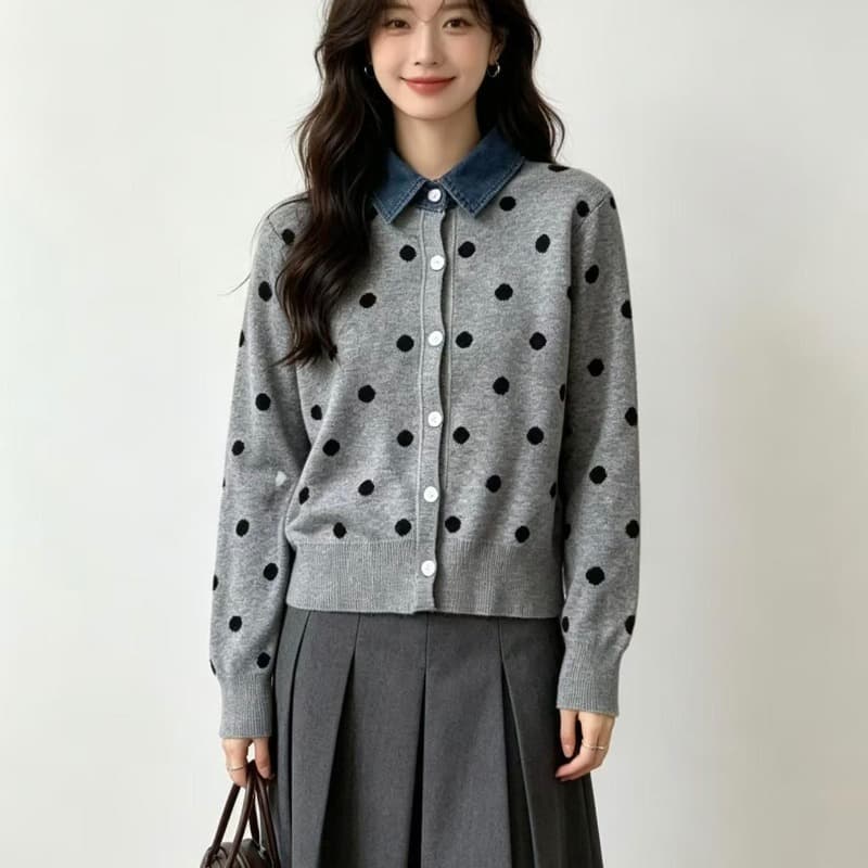 Denim splicing fake two-piece polka-dot knitted cardigan for women autumn and winter new age-reducing sweet college sweater jacket top