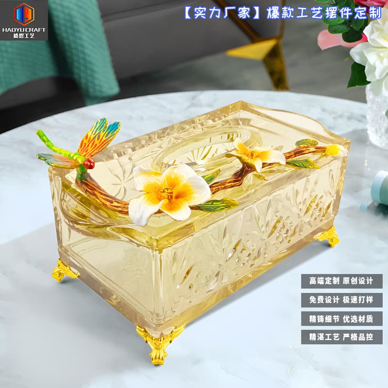 Light luxury style tissue box living room home creative paper drawer American glass electroplated amber tissue box storage box