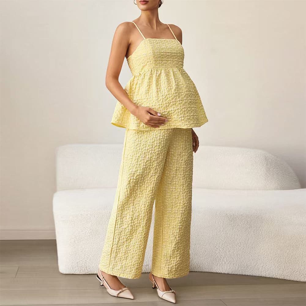 Textured Bubble Fabric Maternity Camisole Two-Piece Set with Loose Fit, Supportive Wide-Leg Pants, Maternity Outfit for Going Out, Postpartum and Nursing