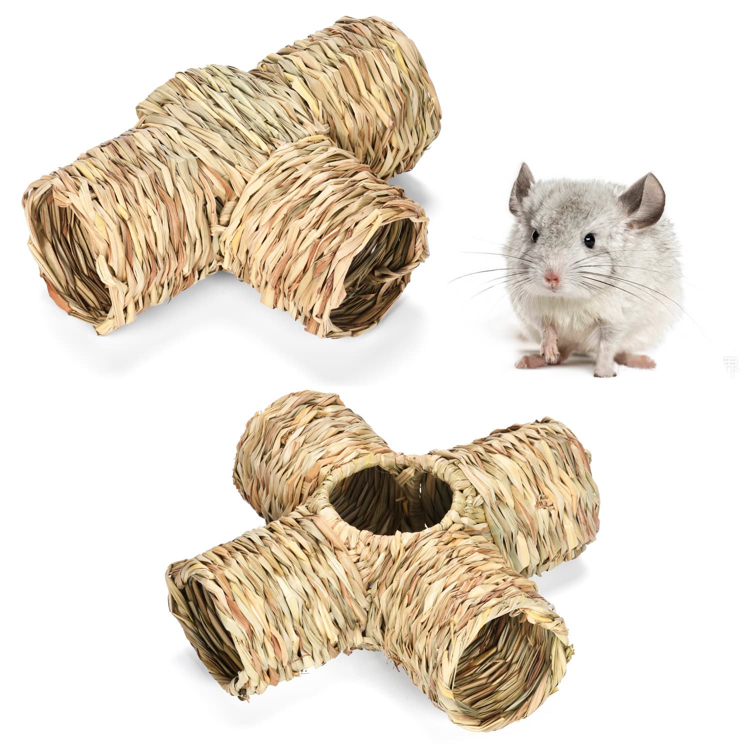 New Grass-Woven Exotic Pet Four-Way Hideout Tube for Hamsters, Syrian Hamsters, Rabbits, and Chinchillas Chewing and Habitat Decoration Toy Nest