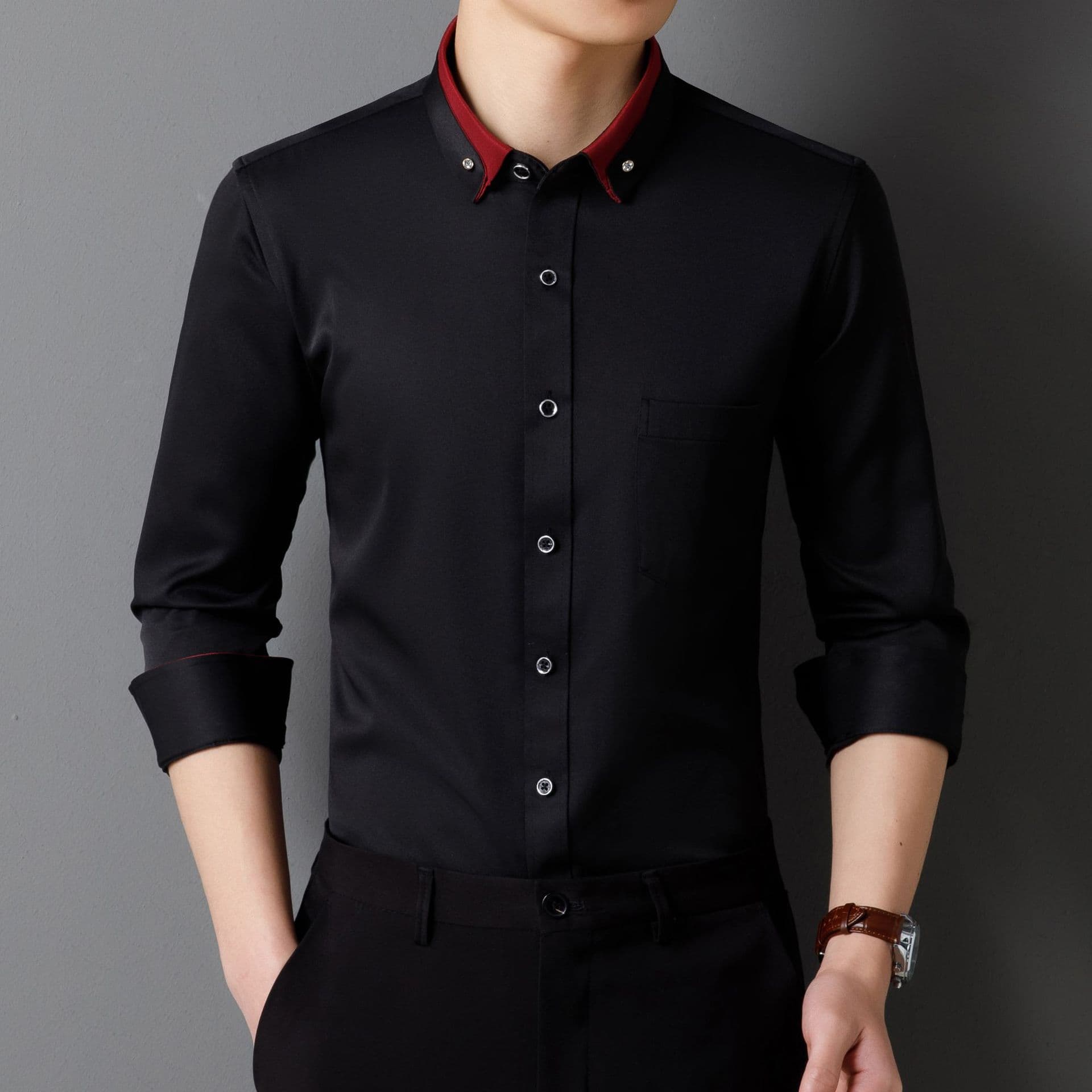 Business Dress Shirt Long Sleeve Men's Wrinkle-Free Four-Way Stretch Diamond Button Shirt