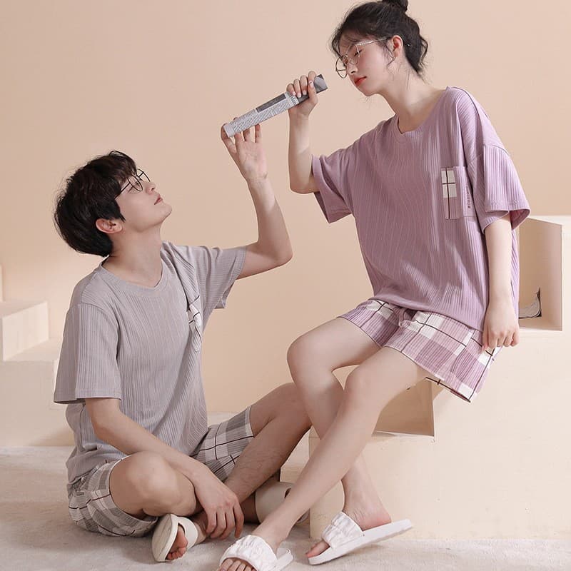 Waffle Couple Pajamas Summer Short-Sleeved Cotton Thin Plus Size Loose Men's and Women's Suit Cartoon Home Clothes Summer