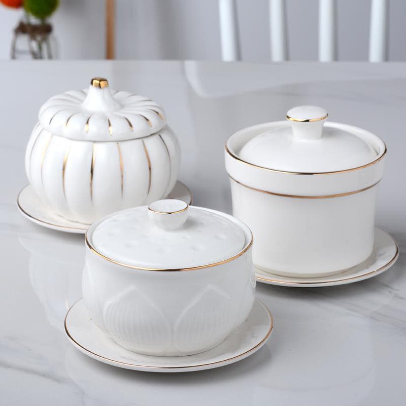 Ceramic Steaming Pot Tableware - Bird's Nest Bowl, Stewing Pot, Tonic Soup Pot with Logo Printing, White Porcelain Hand-Painted Gold Trim