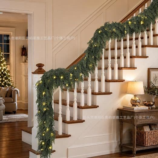 American-style soft rubber cedar vine artificial Christmas touch cypress leaf vine with light string, fireplace and staircase decorative vine