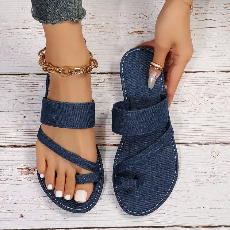 Women's Flat Low Heel Toe-Post Sandals 2023 Summer New Denim Beach Shoes Roman Sandals Plus Size