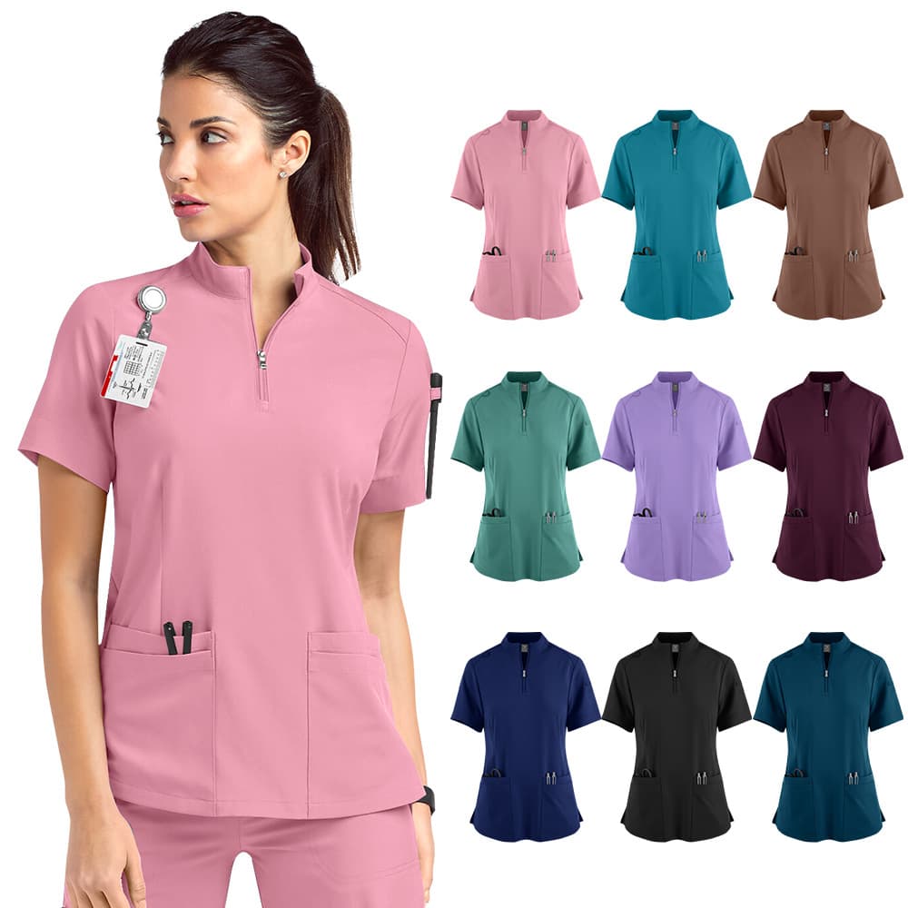 Summer Short Sleeve ICU Uniform Set with Stand Collar Zipper for Beauty Salon Hospital Nurse Scrub Top Women