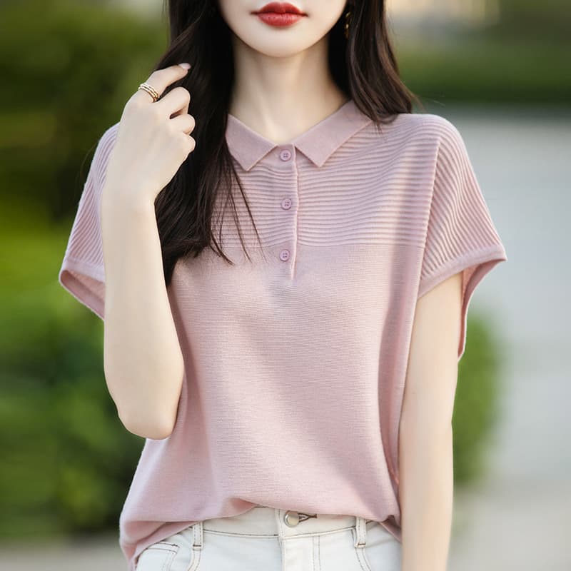 Summer Women's Knitted Top Ice Hemp Silk Short-Sleeve T-Shirt Women's POLO Shirt Vest Korean Style Export