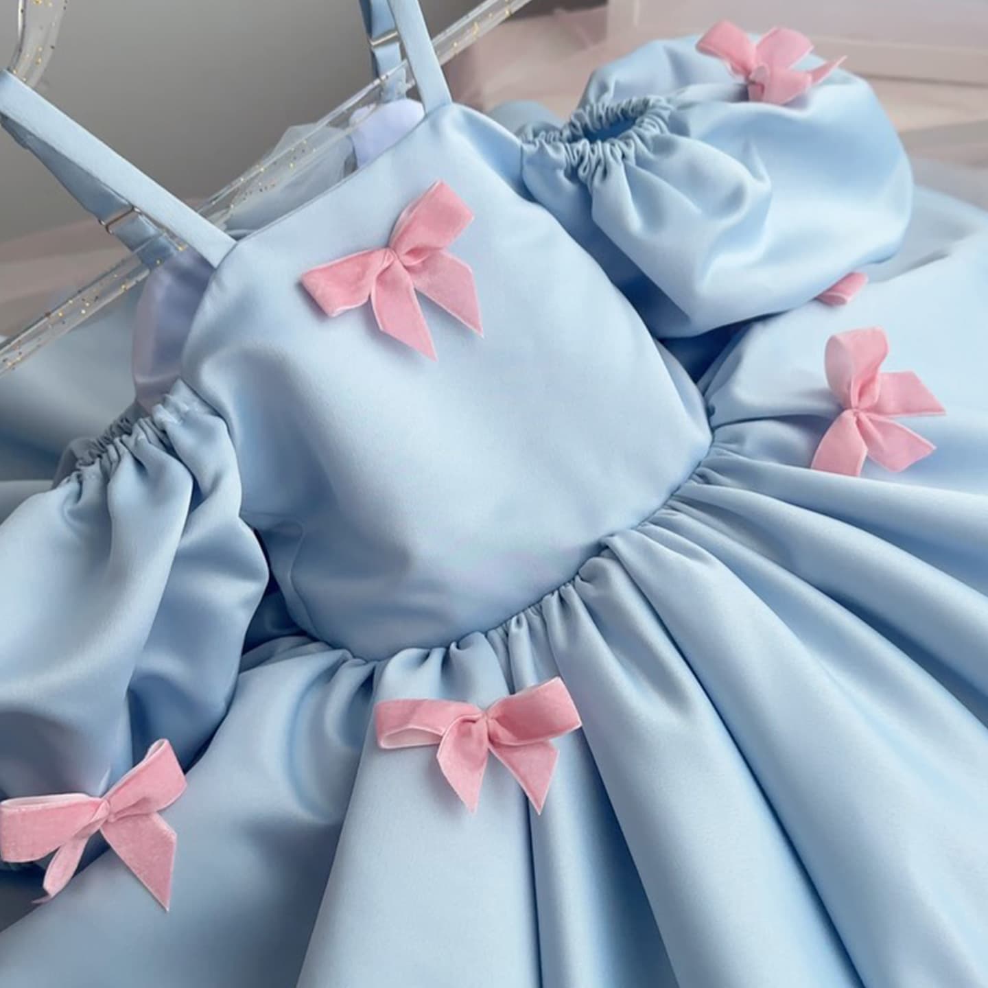 Children's One-Year-Old Dress with Puff Sleeves, Princess Dress for Girls, Bowknot, Blue, Toddler Tutu Dress, Wholesale, European and American Style