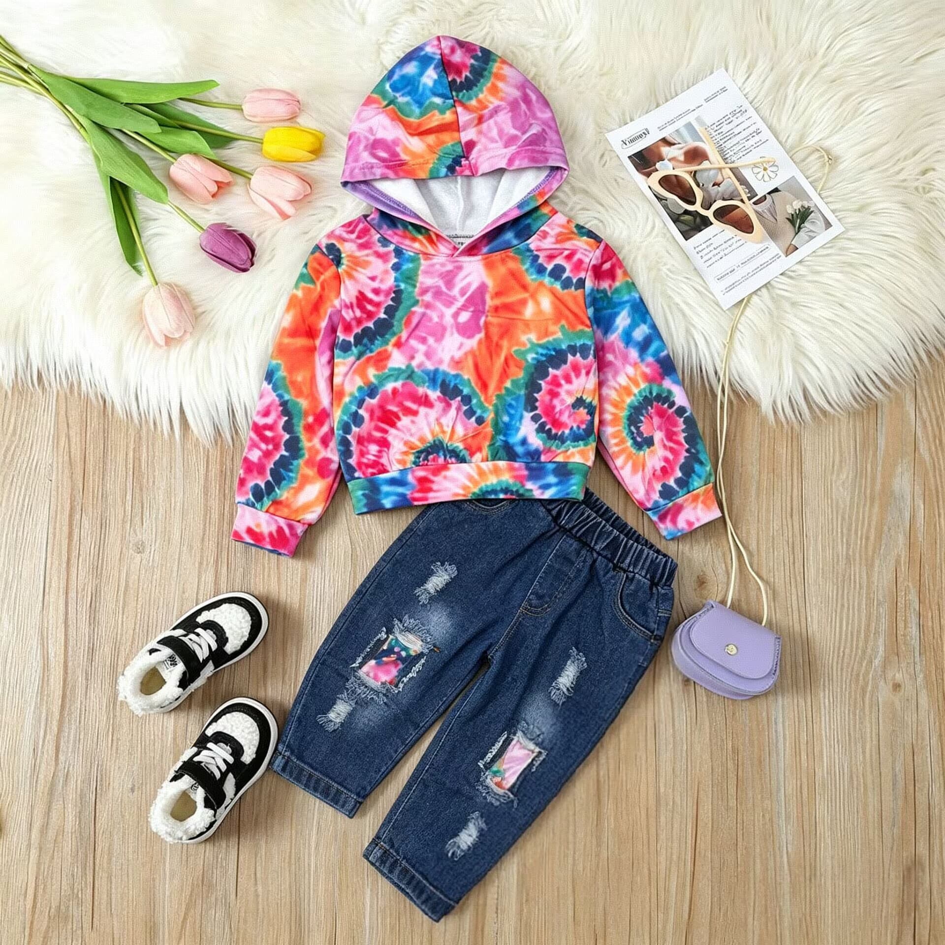 Tie-dye printed girls' hooded sweatshirt set, stretch hoodie, ripped denim trousers, two-piece set, cross-border children's clothing