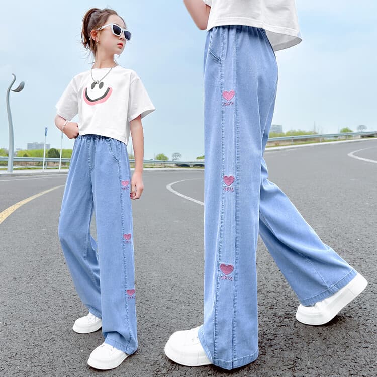 Summer Thin Girls Tencel Jeans 2025 New Style Kids Pants for Older Girls Wide Leg Straight Leg Pants