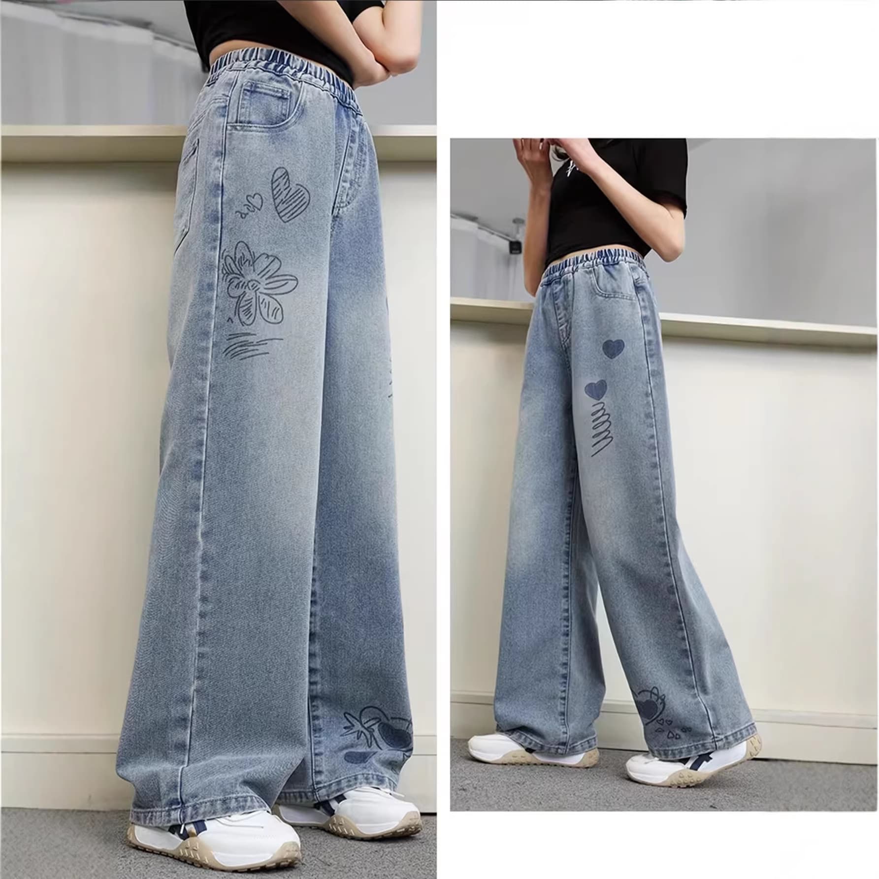 Cross-Border Girls' Spring and Autumn Jeans New Style for Older Children, Loose Casual Straight-Leg Pants, Stylish Versatile Wide-Leg Pants for Kids