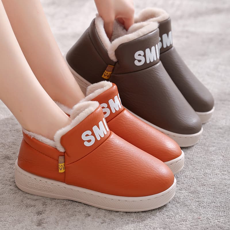 Cotton Slippers for Women Winter Indoor Home Use Couples Anti-slip Warm Fluffy PU Waterproof Men's Wholesale