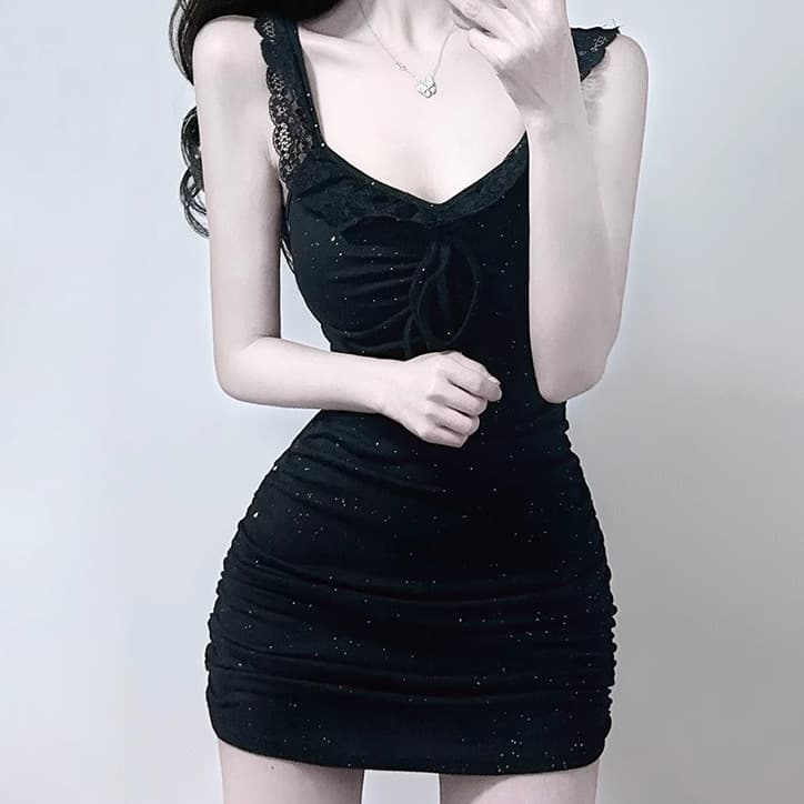 Hot girl style black lace straps V-neck dress for women summer small waist pleated hip miniskirt