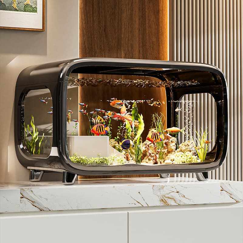 Creative transparent fish tank with lid, desktop ecological goldfish tank, living room decoration, landscape, turtle tank