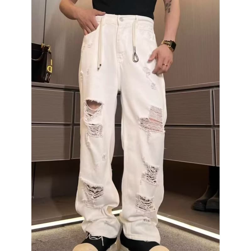 American Trendy Distressed White Jeans for Men Summer New Versatile Half Elastic Waist Loose Straight Casual Pants