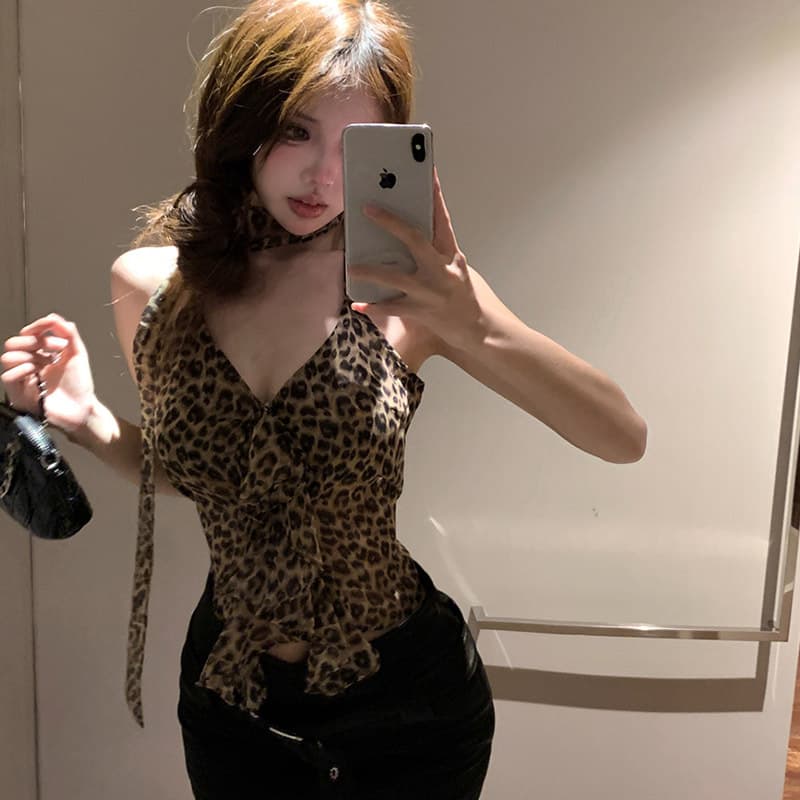 Leopard Slipshalter Necktankvest Summer New Design Sensibilityniche Spicy Girl Sleeveless Top European American Style