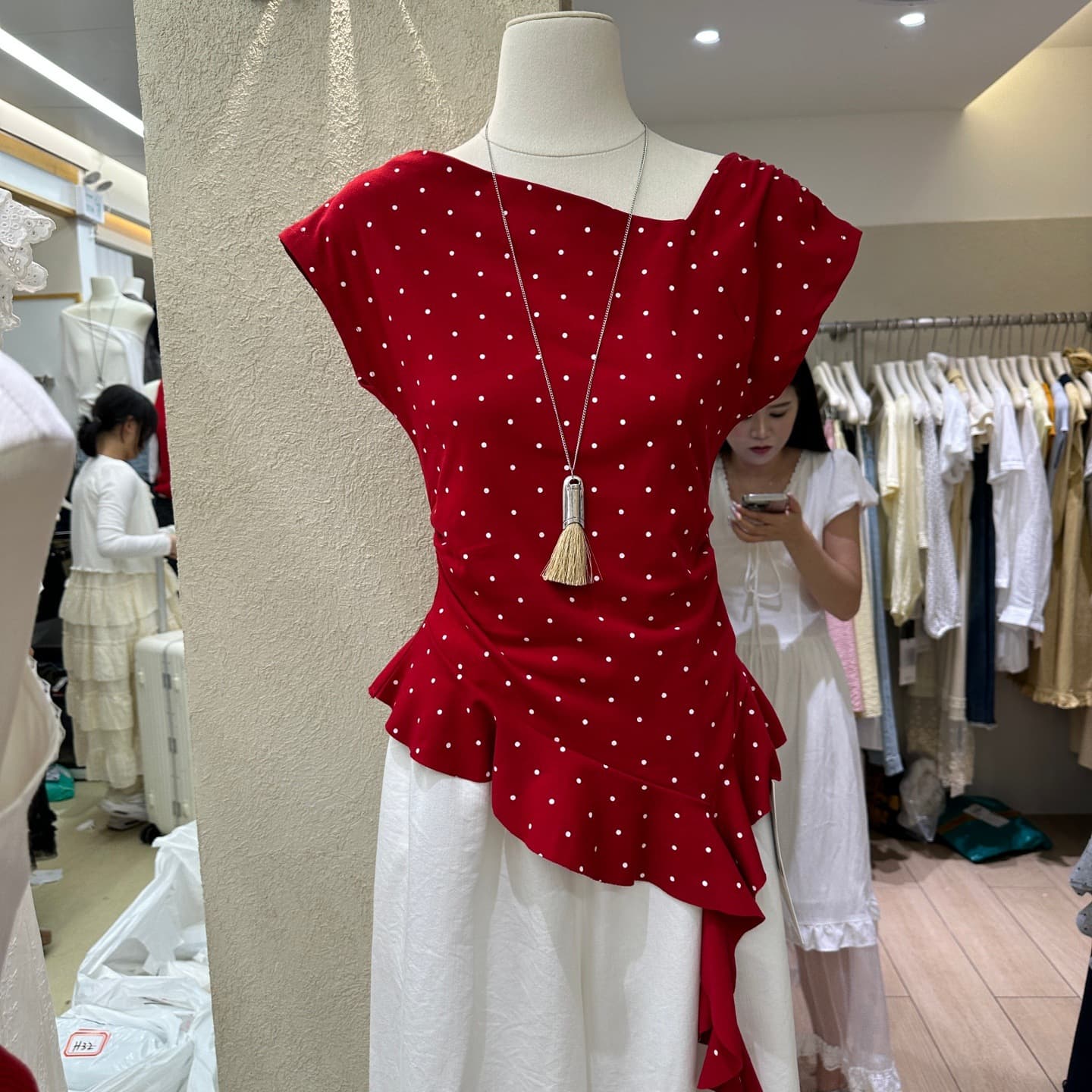 2026 Summer New Korean Style Asymmetrical Tie Draped Polka Dot Blouse Slimming Top for Women
