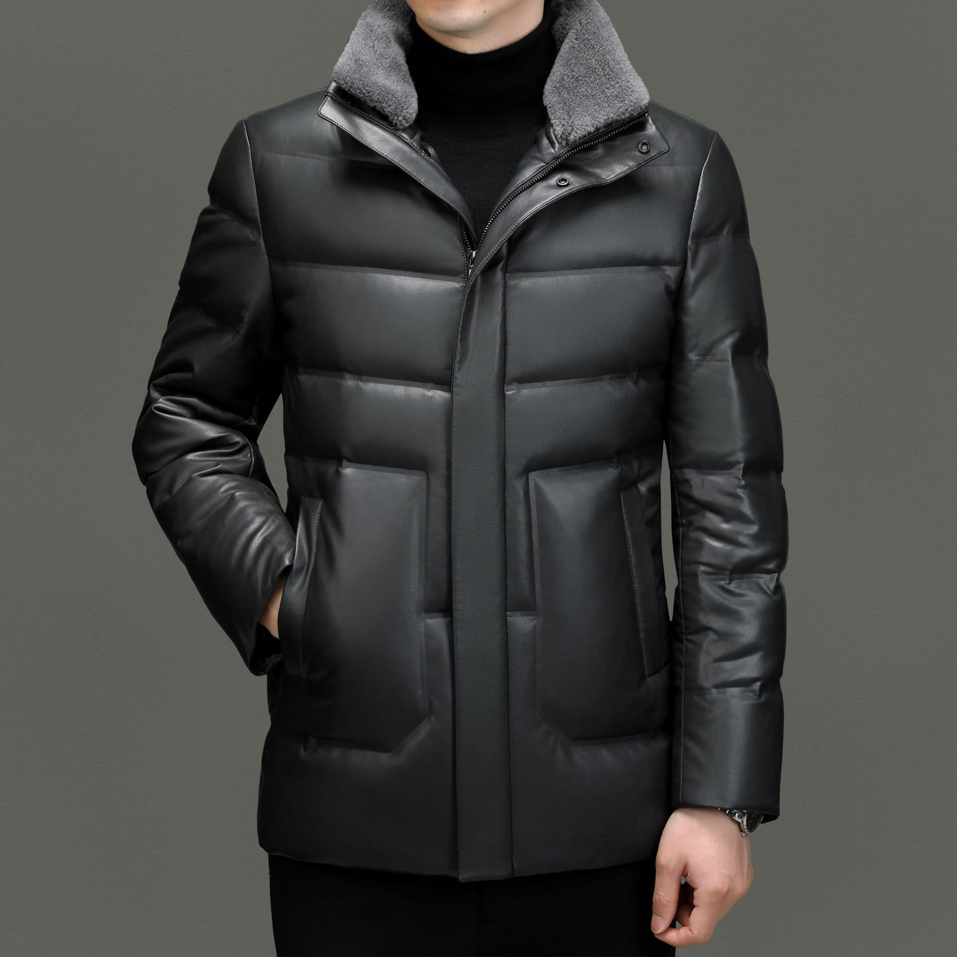 Haining Middle-Aged and Elderly Men's Genuine Leather Down Jacket, Extra Thick with Fur Collar, Leather Coat, Sheepskin Dad Outerwear
