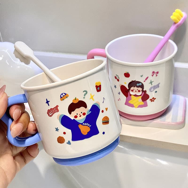 Dopamine Cartoon Thickened Couple Toothbrush Rinse Cup, Kids Home Durable Large Capacity Cute Handle Water Cup