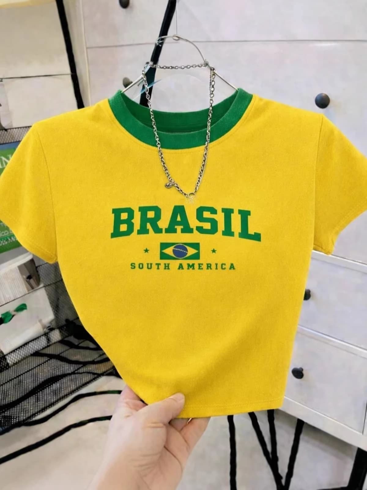 Summer Cropped American Sporty Girl Style Brasil Crop Top T-Shirt Y2K Crew Neck Pullover Women's Clothing