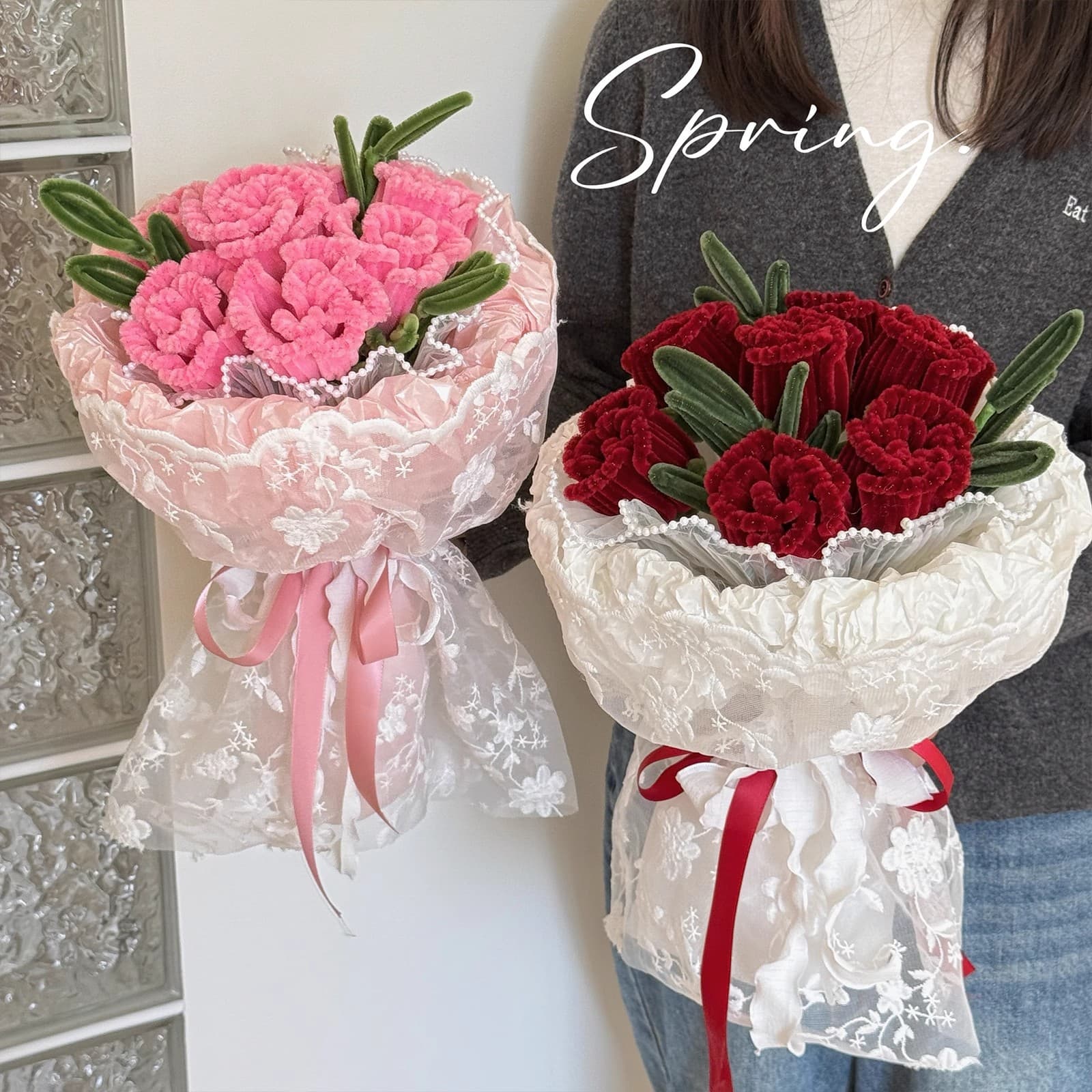 Finished Twist Rod Rose Bouquet for Girlfriend 520 Gift for Girls' Birthday Mother's Day Graduation Lace Bouquet