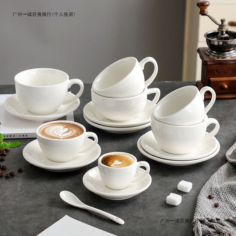 Pure White Thickened Ceramic Coffee Cup Set, Sawada Latte Macchiato Espresso Simple Large Mouth Exquisite European Style Cup