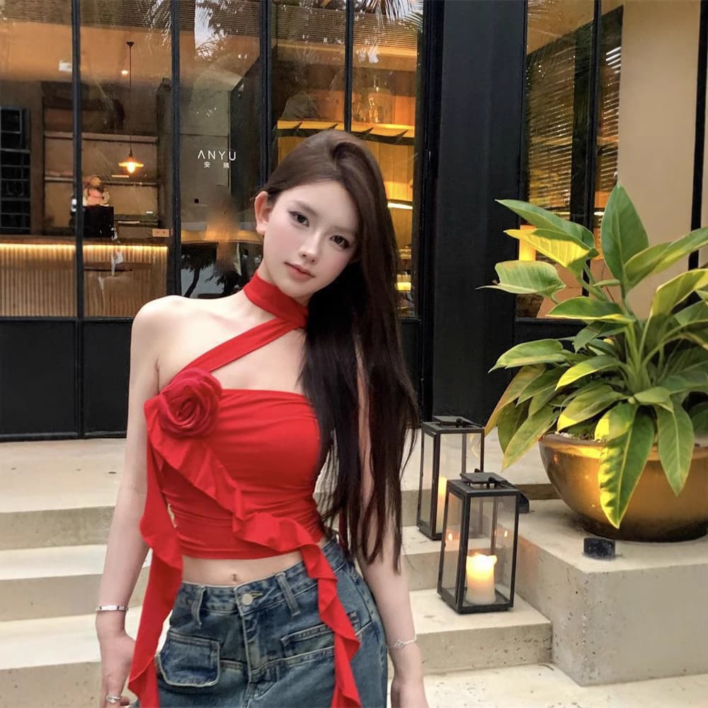 Thai-style Ribbon Flower Tube Top for Women Summer Fitted Ruffle Hem Short Sexy Going-out Stunning Black Top
