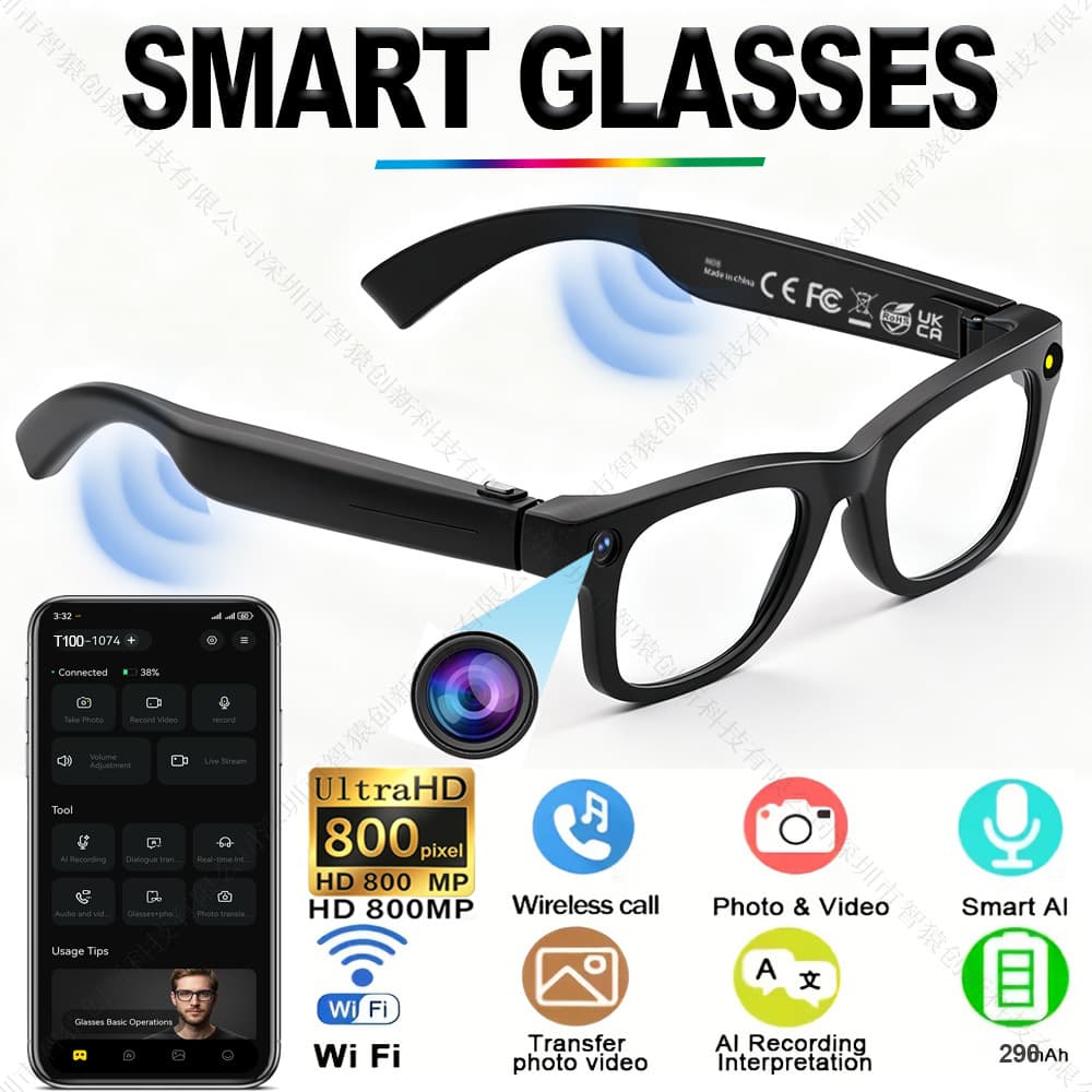 Cross-border T100 Smart Glasses with 8MP Camera, Photo/Video Recording, Calling, Translation AI Smart Glasses