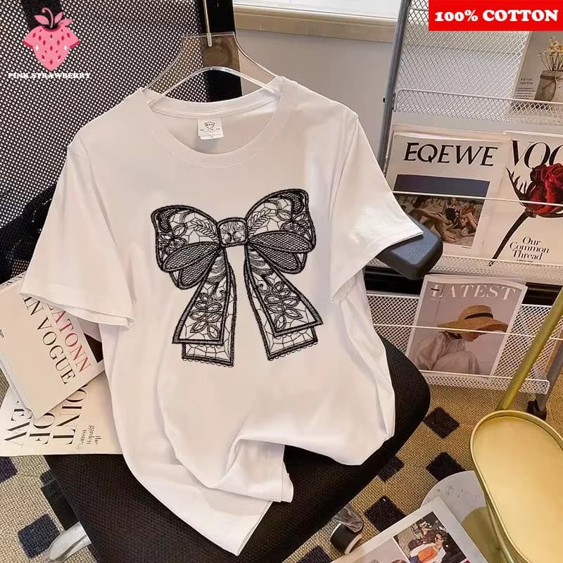 Luxury Lace Bow Print T-Shirt Women Summer 2025 New Cotton