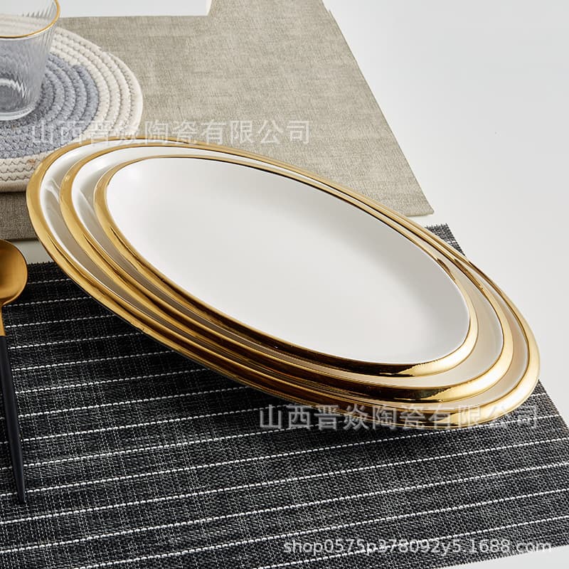 Hotel tableware light luxury gold-rimmed plate thickened rim fish plate ceramic tableware Dan-shaped Western food plate home dish plate Shanxi