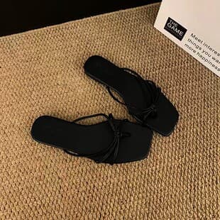 French Thin Strap Flat Sandals for Women, 2026 Spring New Square Toe Thin Strap Chunky Heel Slides, Fairy Style for Dresses