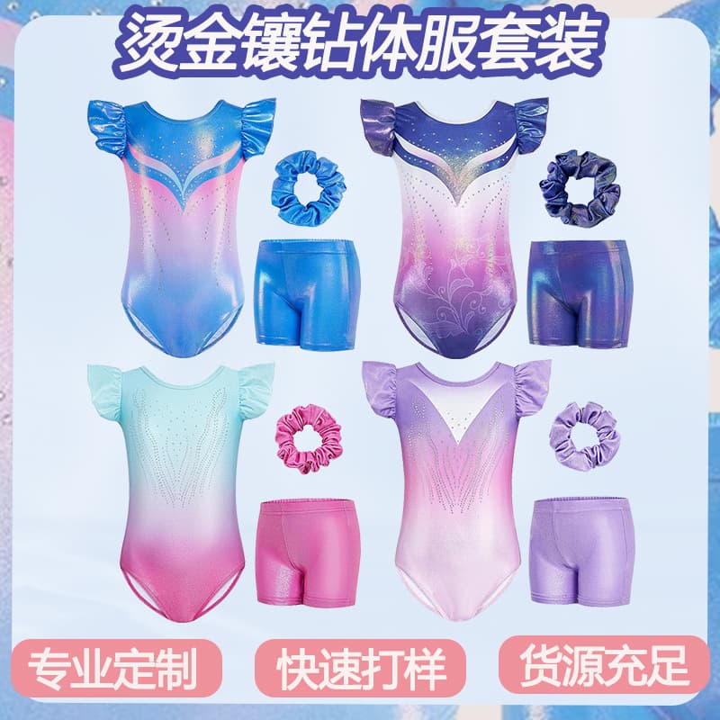 Gold Foil Rhinestone Children's Gymnastics Leotard Set for Girls Ballet Dance Practice Uniform Exam Wear Dance Studio Wholesale