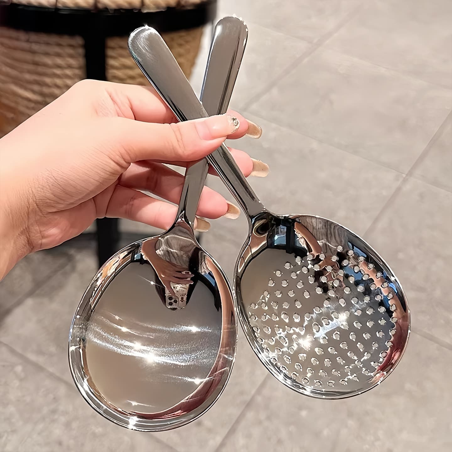 Public Round Spoon, Stainless Steel Soup Spoon, Slotted Spoon, Short Handle, Large Spoon, Commercial Serving Spoon, Public Serving Spoon, Round Spoon