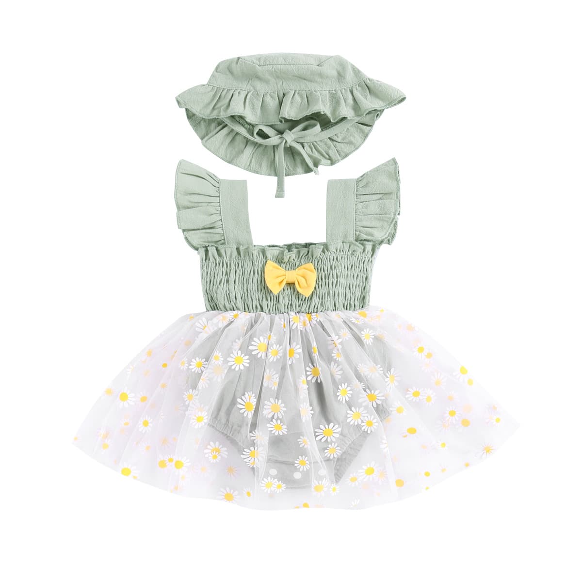 Baby Girl Romper with Triangle Bodysuit, Tulle Skirt, Butterfly Sleeves, Hood, Princess Bow, Daisy Print, Toddler Size