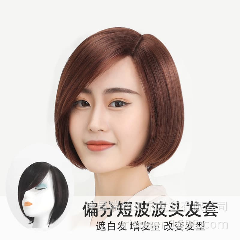 Real Hair Wig for Women Short Hair Full Head Cover Women's Oblique Bangs Short Straight Bob Wig Realistic Hair Silk Wig Head Cover
