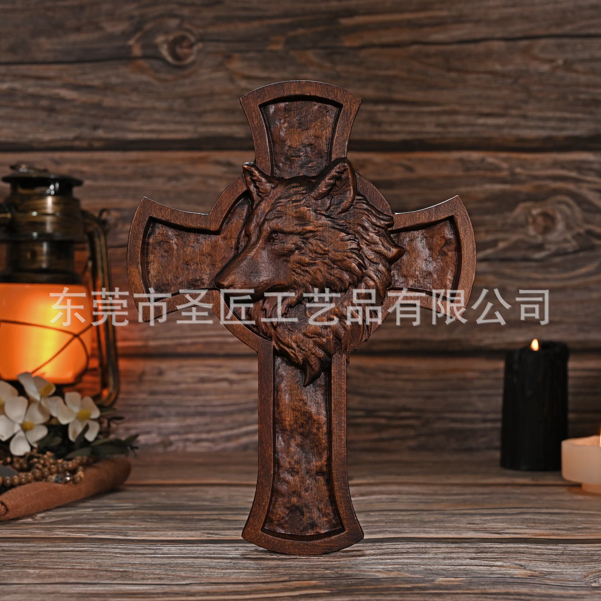 Cross-border Solid Wood Carved Craft Wolf Head Cross Pendant Wood Carving Decoration
