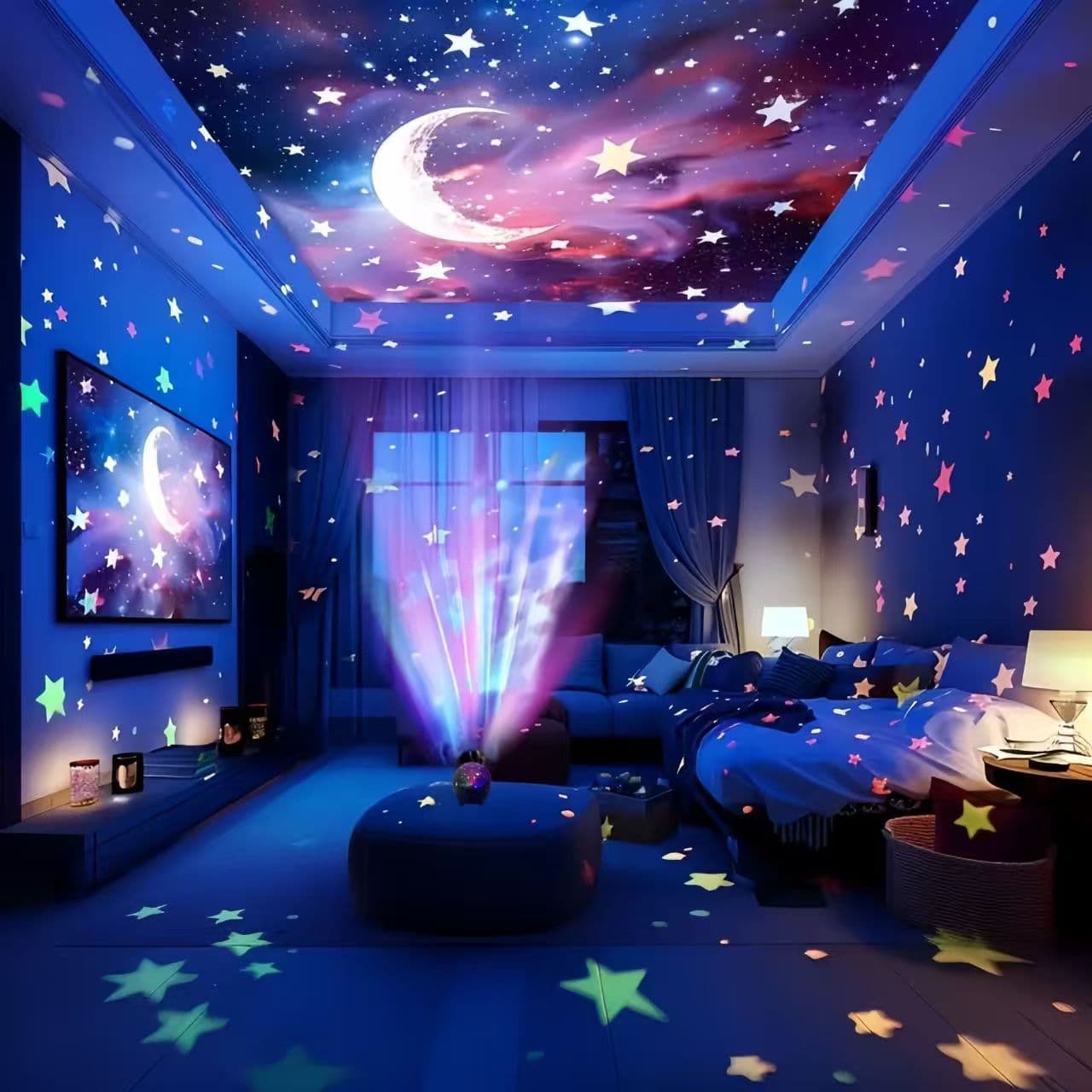 2025 New Creative Dreamy Kids Star Moon Night Light, 7-Color Starry Sky Projector Lamp, Galaxy Star Bedside Light