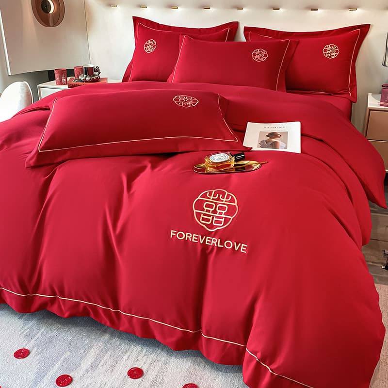 Wedding washed cotton festive four-piece set, Chinese bright red sheet, high-grade embroidered duvet cover, marriage room bedding